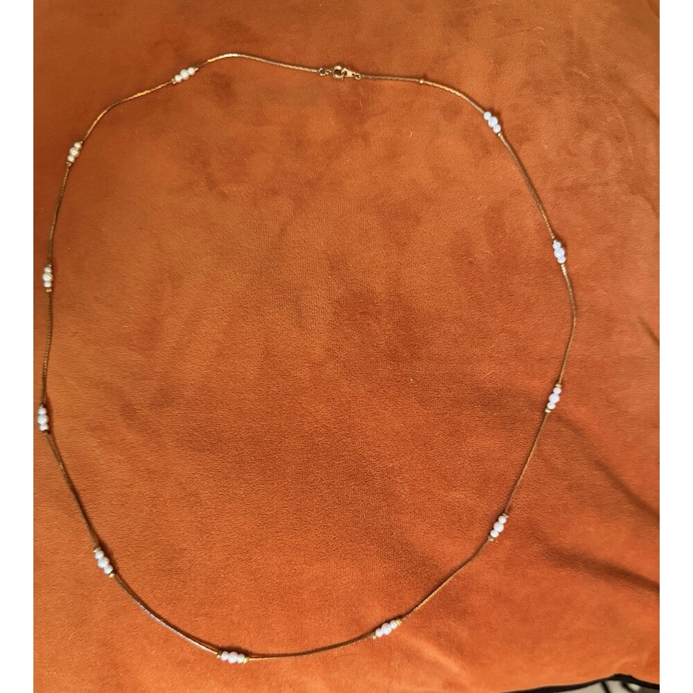 Gold Tone Station Necklace Imitation Pearl White Round Marked Korea